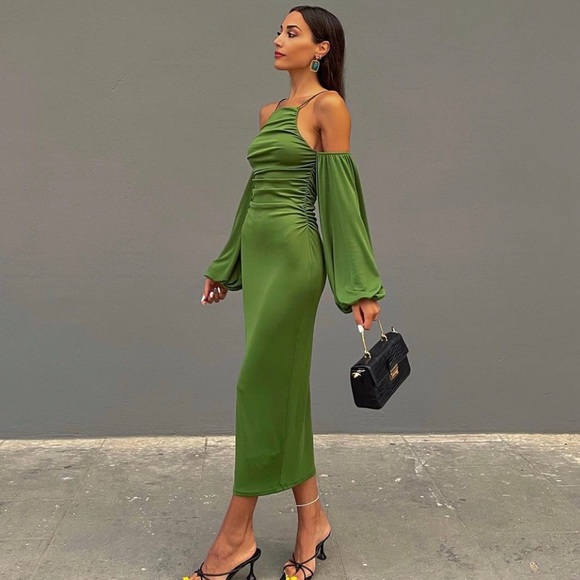 ZARA GREEN MIDI DRESS - Picture 15 of 16